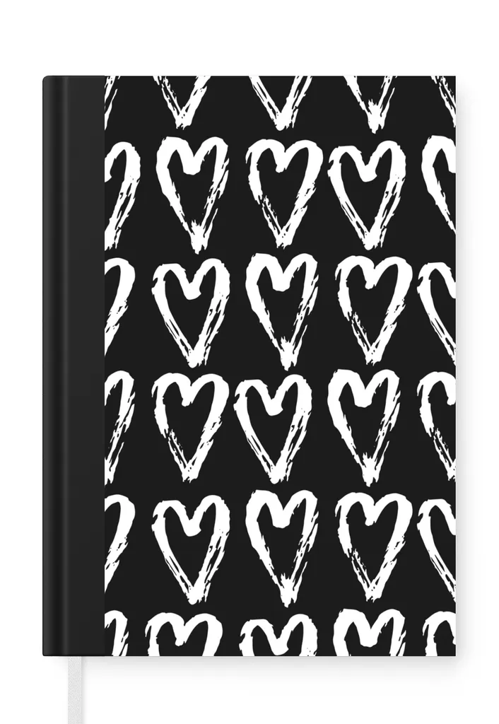 MuchoWow® Notizbuch Tagebuch Haushaltsbuch Notebook A5 Herz - Schwarz - Weiß - Muster - Notizblock - Notizheft - Notebook - Schreibblock - Papier